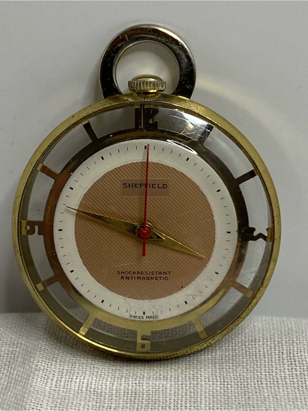 Vintage Sheffield Swiss Made Mechanical Pocket Watch See Through Gold Tone READ